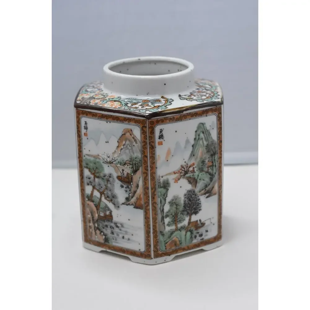 Japanese Enameled Porcaline Hand Painted Sansui Hexagon Nippon Vase